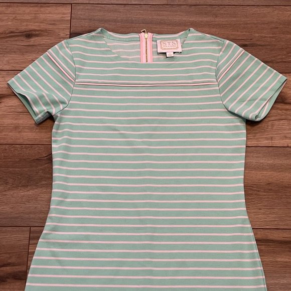 Sail To Sable Shift Dress SZ Small Short Sleeve Mint Green Stripe Gold Back Zip - Picture 2 of 10